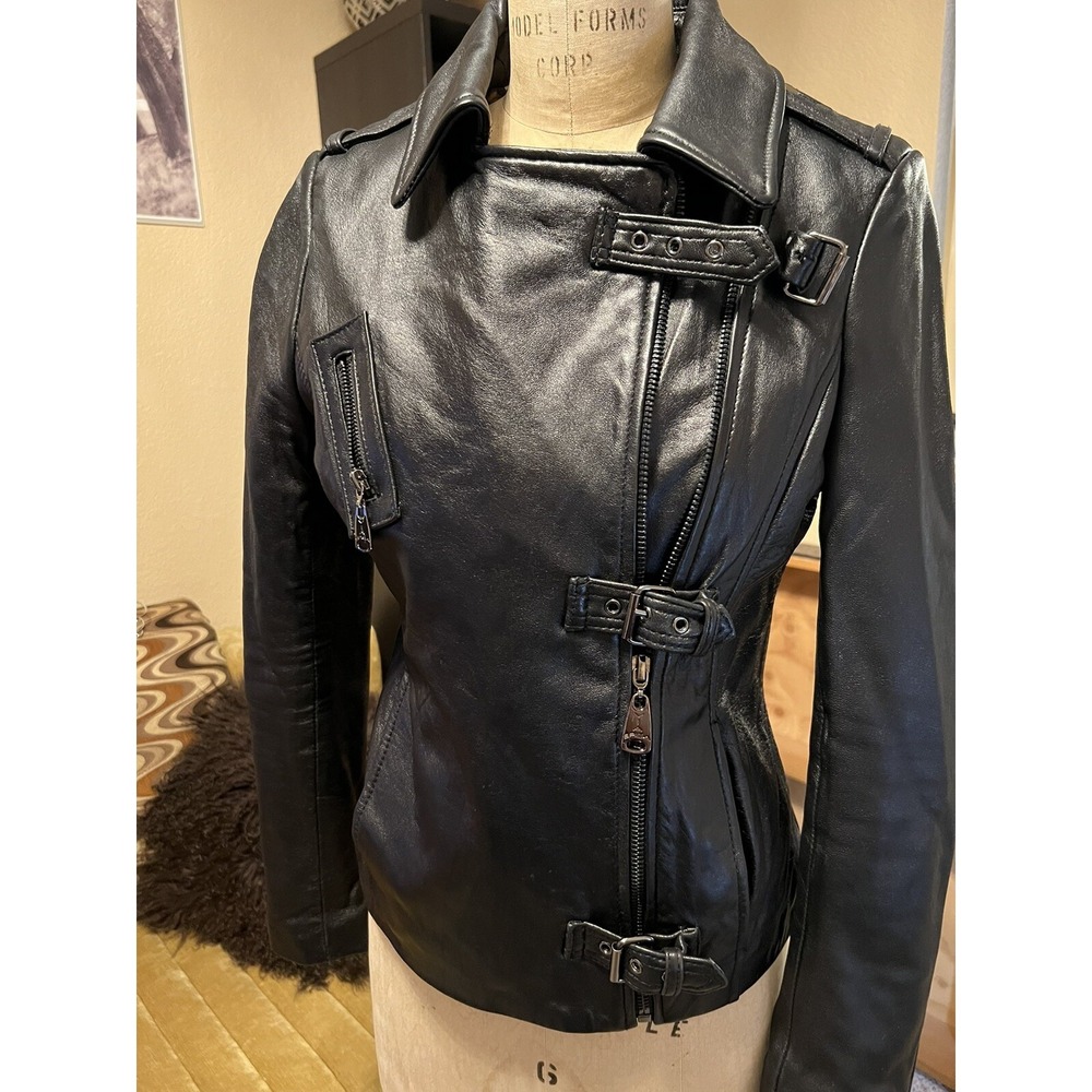 Via Spiga Lambskin Soft Black Leather Zip Moto Jacket Size XS New WOT